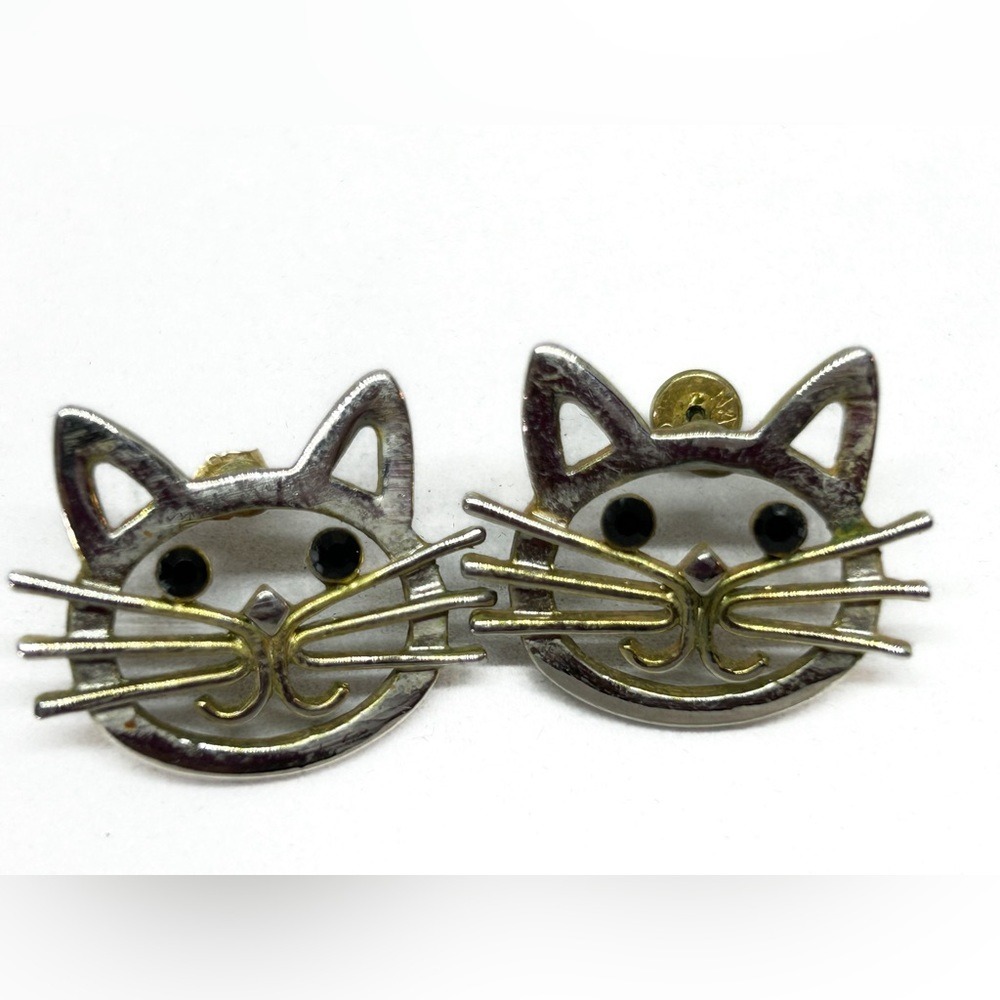 Cat Face‎ Silver & Goldtone Pierced Earrings